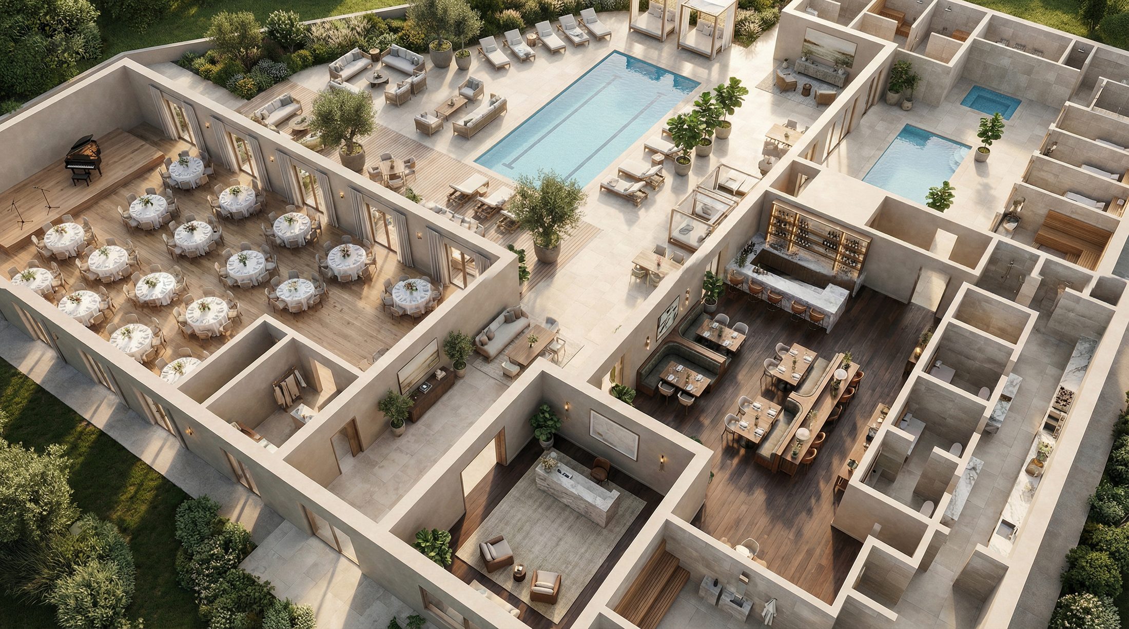 Render isométrico del Wellness Center HONOR